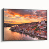 Black and white framed canvas featuring a vintage-style Porto landscape, ideal for bedroom wall decor.