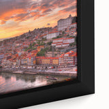 Extra large framed canvas of a textured Porto scenery in black with colorful accents, ideal for living room decor.