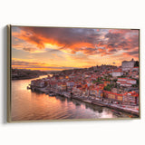 Framed canvas of a vintage-style Porto landscape in muted gold and black tones, ideal for bedroom wall art.