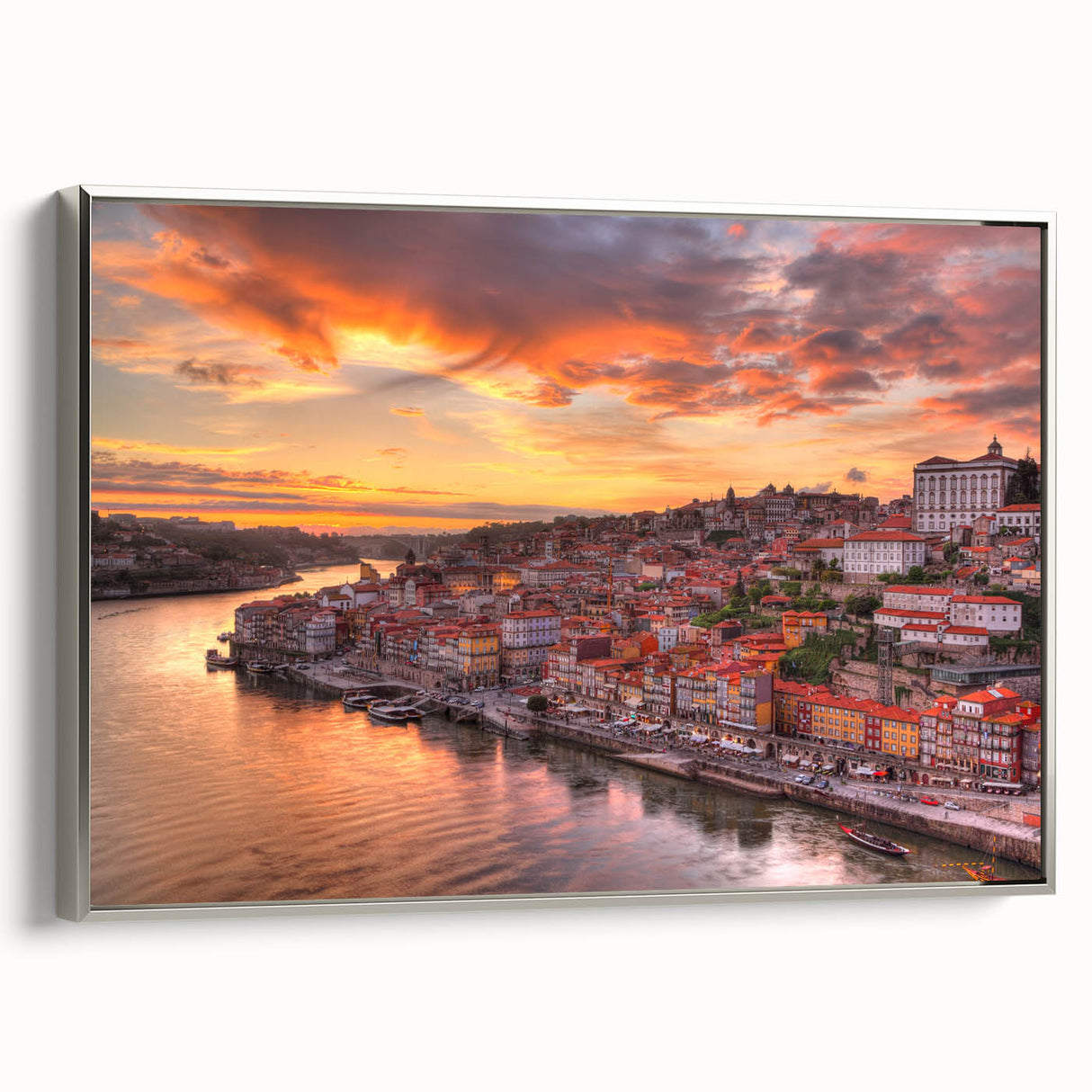 Framed canvas of a vintage-style Porto landscape with vibrant colors on a black background, ideal for living room decor.