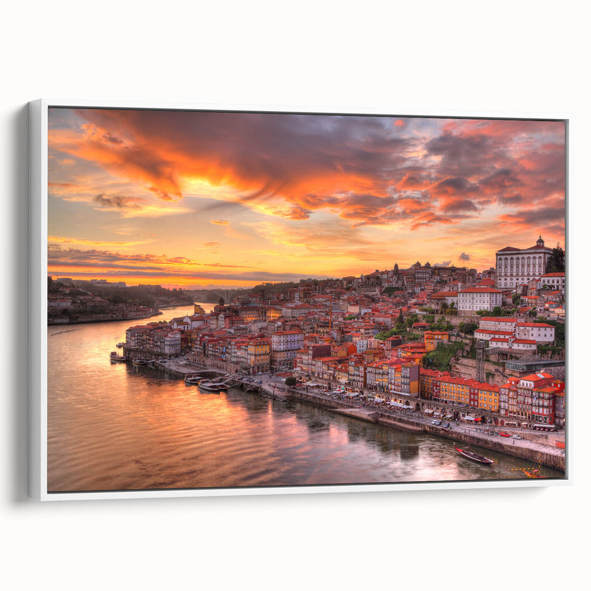 Vintage poster art of Porto, Portugal in vibrant colors on a large framed canvas, ideal for living room decor.