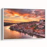 Vintage poster art of Porto, Portugal in vibrant colors on a large framed canvas, ideal for living room decor.