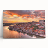Monochrome image of Porto's riverside on stretched canvas, suitable as large kitchen wall art.