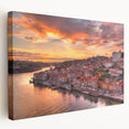 Porto, Portugal cityscape on large stretched canvas with vivid blue and white tones, suitable for kitchen wall art.