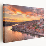 Porto, Portugal cityscape on large stretched canvas with vivid blue and white tones, suitable for kitchen wall art.