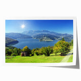 Rolled print of a Romanian landscape featuring a floral foreground and misty mountains, ideal for art wall dining room.