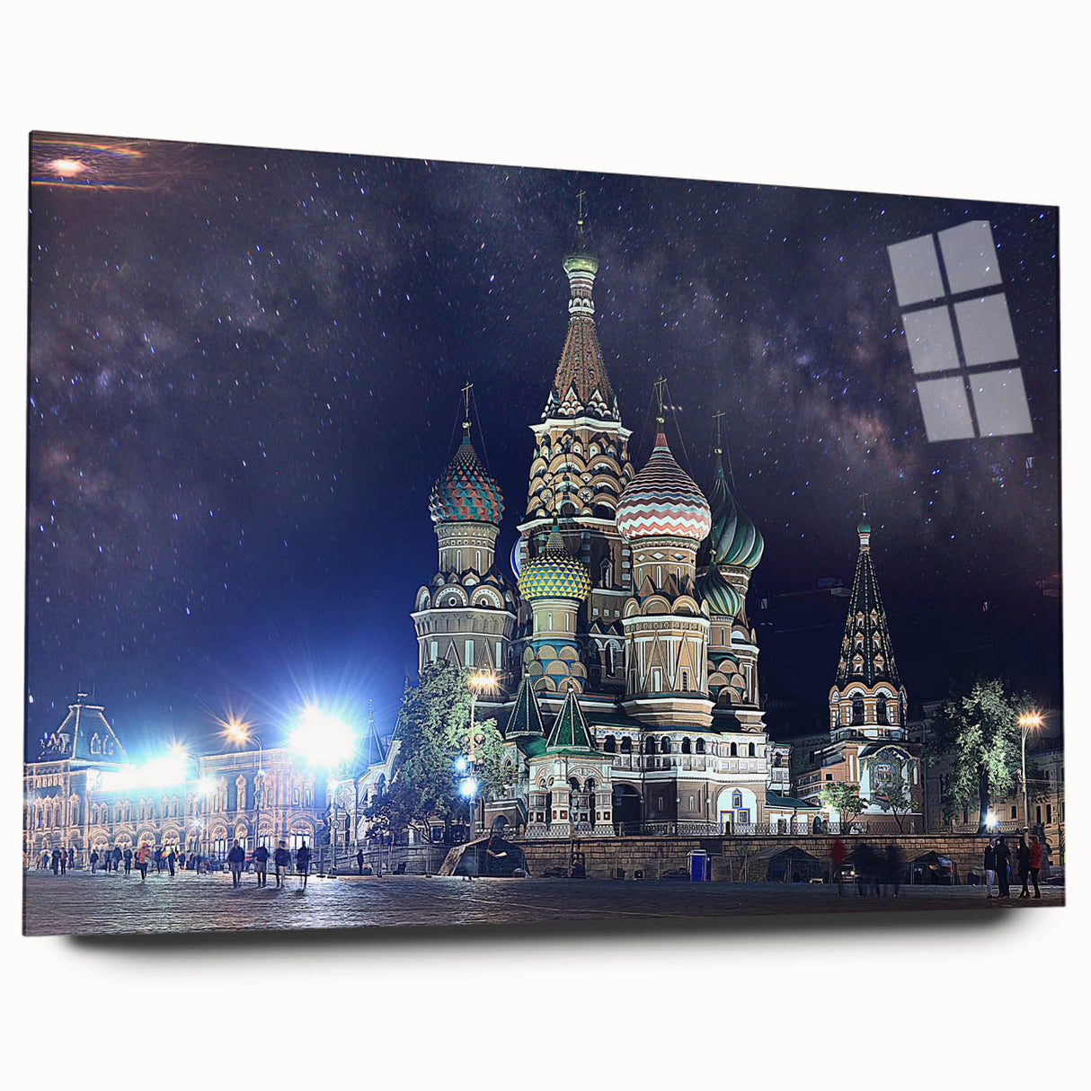 Large abstract depiction of Moscow on acrylic glass, featuring cool blue and gray tones.