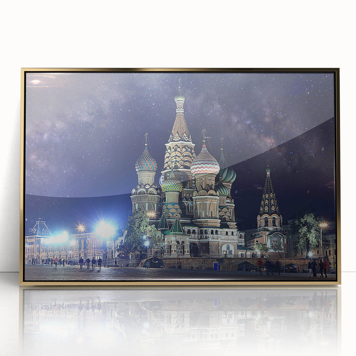Art deco poster of Moscow skyline in gold and black tones on acrylic, ideal for modern art wall decor.