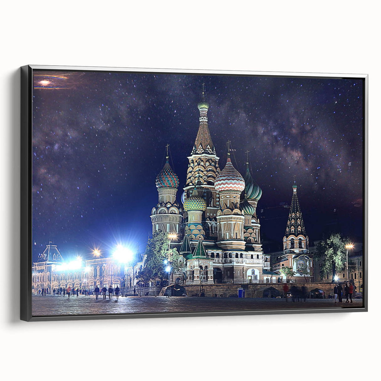 Black and white framed canvas of Moscow landscape with vintage poster art style, ideal for bedroom decor.