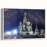 Vintage poster art of Moscow with colorful details on a large framed canvas, ideal for living room decor.