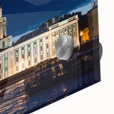 Large abstract wall art featuring a mid-century modernist depiction of the Petersburg skyline in muted gray and blue tones…