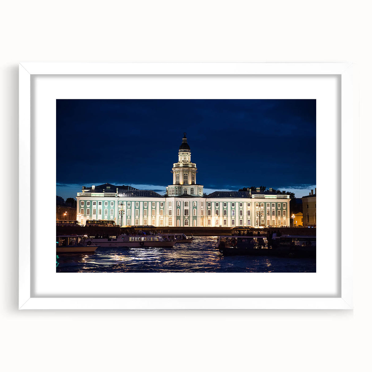Textured abstract art print of a muted blue and gray Petersburg scenery, framed with a white mat, suitable for bedroom art.