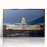 Large art print of St. Petersburg scenery in muted silver tones, framed acrylic, ideal for modern art wall decor.