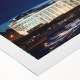 Art deco poster of a European cityscape in muted colors on rolled canvas, suitable for dining room decor.