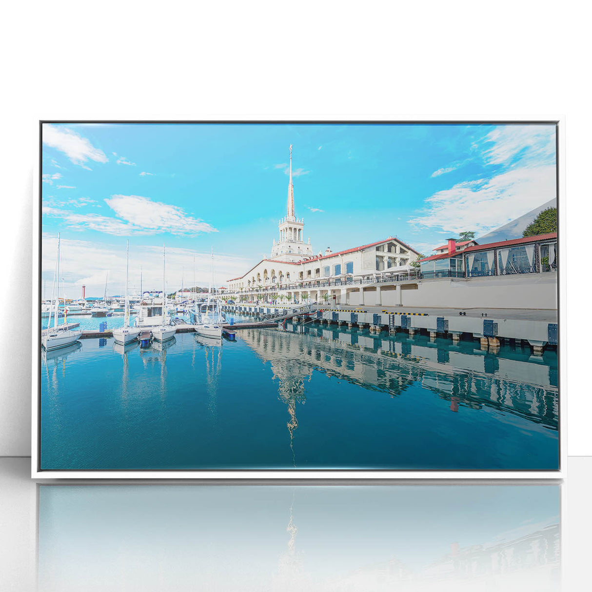 Mid-century modernist art depicting the Sochi landscape on a white framed acrylic print, suitable for nursery wall decor.