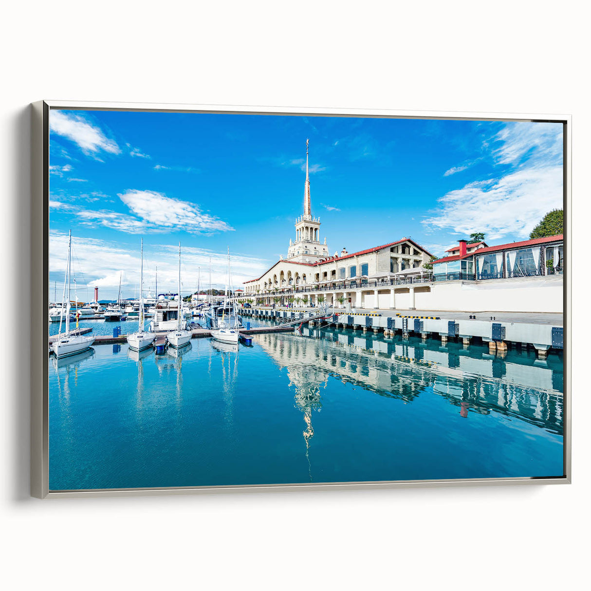 Landscape art painting of Sochi, Russia, featuring colorful buildings on black framed canvas, ideal for office decor.