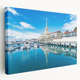 Large art depicting the Sochi, Russia skyline in muted earth tones on stretched canvas, suitable for kitchen wall art.