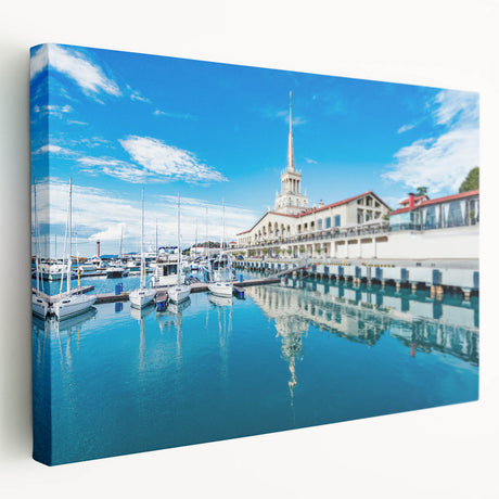 Large art depicting the Sochi, Russia skyline in muted earth tones on stretched canvas, suitable for kitchen wall art.