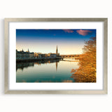 Extra large abstract art print of a textured Scottish landscape in muted earth tones, framed in silver.