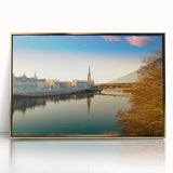 Art deco poster of a Scottish landscape in muted greens and blues, framed acrylic, ideal for modern art wall decor.