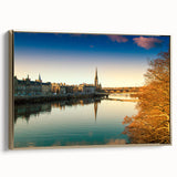 Framed canvas featuring a vintage-style landscape painting of the Scottish Highlands in muted gold and black tones.