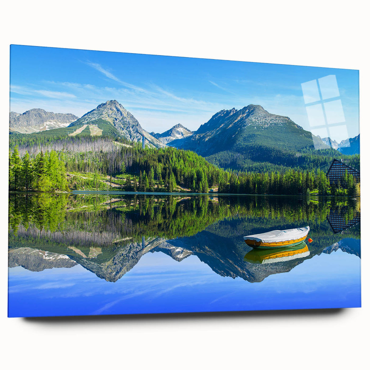 Large abstract wall art of a European scenery in muted earth tones, printed on acrylic glass.