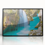 Large abstract wall art depicting a Slovenian landscape in muted earth tones, presented in a black-framed acrylic print.