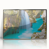 Acrylic print of a European scenery in Slovenia with muted green and blue tones, framed in silver.