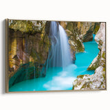 Framed canvas featuring a vintage-style landscape art painting of Slovenia with colorful art elements on a black background.