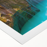 Art deco poster of Slovenia scenery in muted green and blue tones, rolled canvas, suitable for dining room wall art.