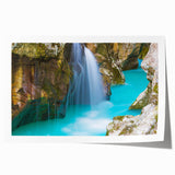 Rolled print of a Slovenian landscape featuring lush greenery and a serene lake, in muted earth tones.