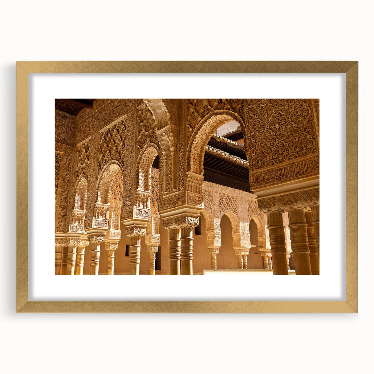 Textured art depicting an abstract scenery of Andalucia, Spain, in muted earth tones on a framed gold mat.