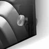 Large abstract depiction of Barcelona with vibrant blue and orange tones on acrylic glass, suitable for dining room art.