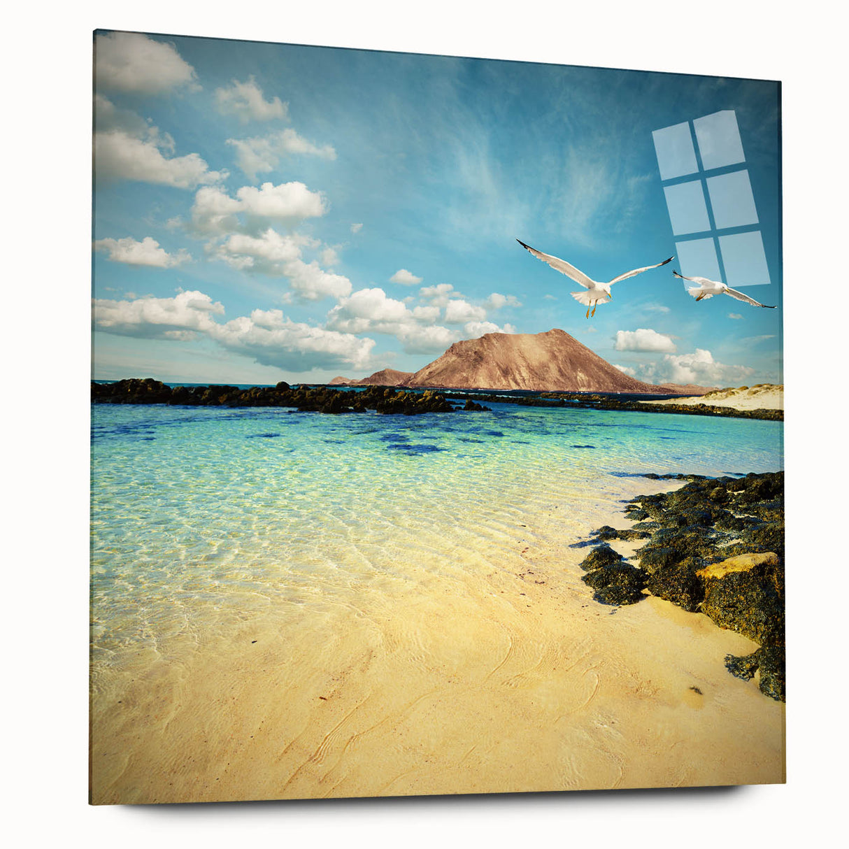 Large abstract wall art depicting a vivid scenery of Canary Islands in vibrant blue and green tones on acrylic glass.