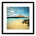 Colorful abstract art print featuring textured scenery of Spain’s Canary Islands in a black frame.