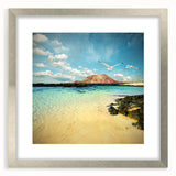 Extra large abstract art print of a textured European scenery in muted earth tones, framed in silver.