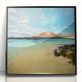 Large abstract wall art depicting a European scenery, in muted earth tones on a black framed acrylic.