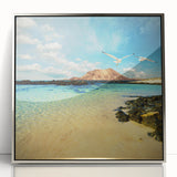 Large art print of a mid-century modernist Canary Islands scenery in muted earth tones, framed in silver acrylic.
