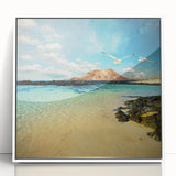 Mid-century modernist art depicting a serene Canary Islands landscape in pastel shades, framed acrylic print.