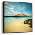 Black and white wall art featuring a vintage-style landscape painting of the Canary Islands on a framed canvas.