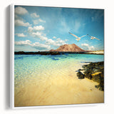 Vintage poster art of a scenic Canary Islands landscape on a framed canvas, with vibrant colors, ideal for living room decor.