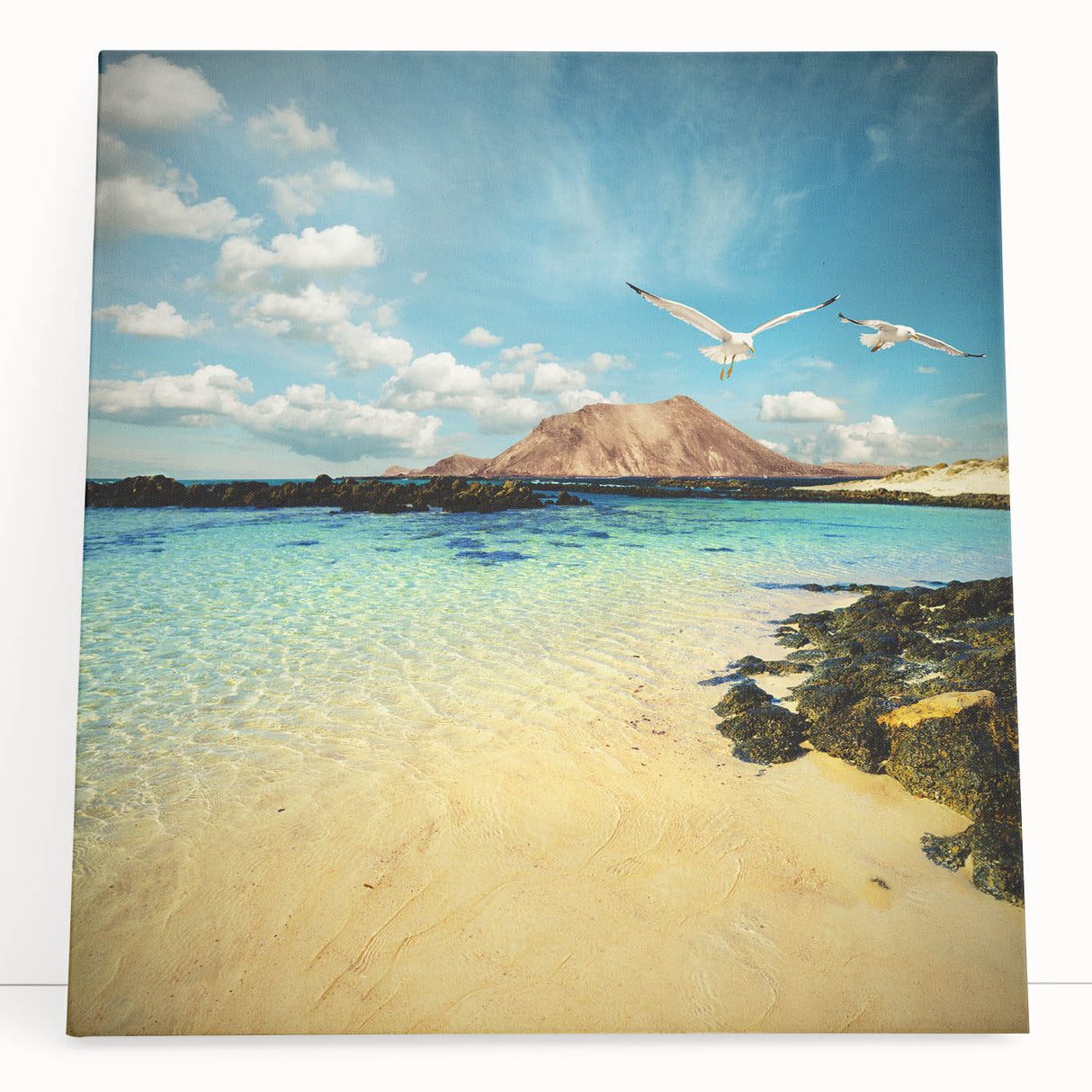Large black and white stretched canvas of a scenic Canary Islands landscape, ideal for kitchen wall art.