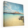 Large art depicting a scenic view of the Canary Islands, in muted blue and green tones on stretched canvas.