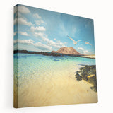 Large art depicting a scenic view of the Canary Islands, in muted blue and green tones on stretched canvas.