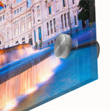 Large abstract wall art of Madrid scenery in mid-century modernist style, rendered in muted tones on acrylic glass.