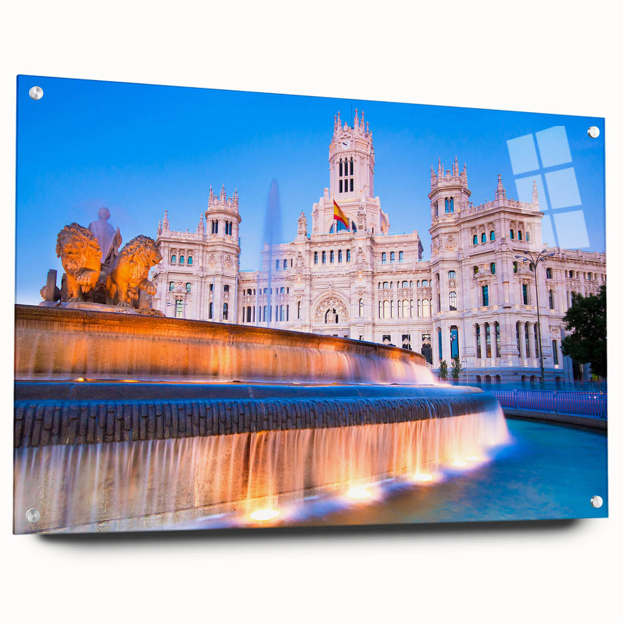 Acrylic print of Madrid cityscape in muted earth tones, ideal for dining room decor.