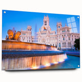 Acrylic print of Madrid cityscape in muted earth tones, ideal for dining room decor.