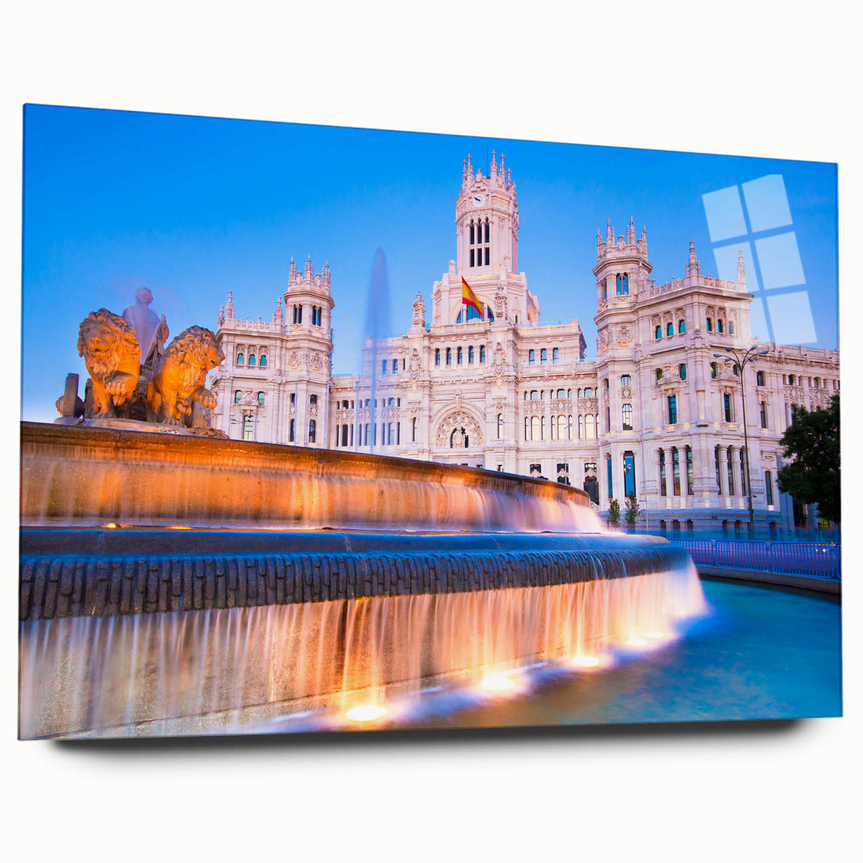 Large abstract depiction of Madrid in muted earth tones on acrylic glass, suitable for bedroom or dining room art.