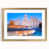 Abstract art print of Madrid skyline in textured gold frame, ideal for extra large wall art in a living room.