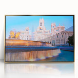 Large framed acrylic print of Madrid cityscape in muted gold tones, ideal for modern art wall decor.